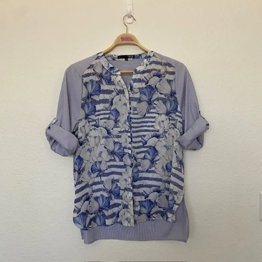 Ness Tunic Button Down Cut‎ Collar Roll Tab Sleeves Striped Floral Women's XL - Picture 12 of 13